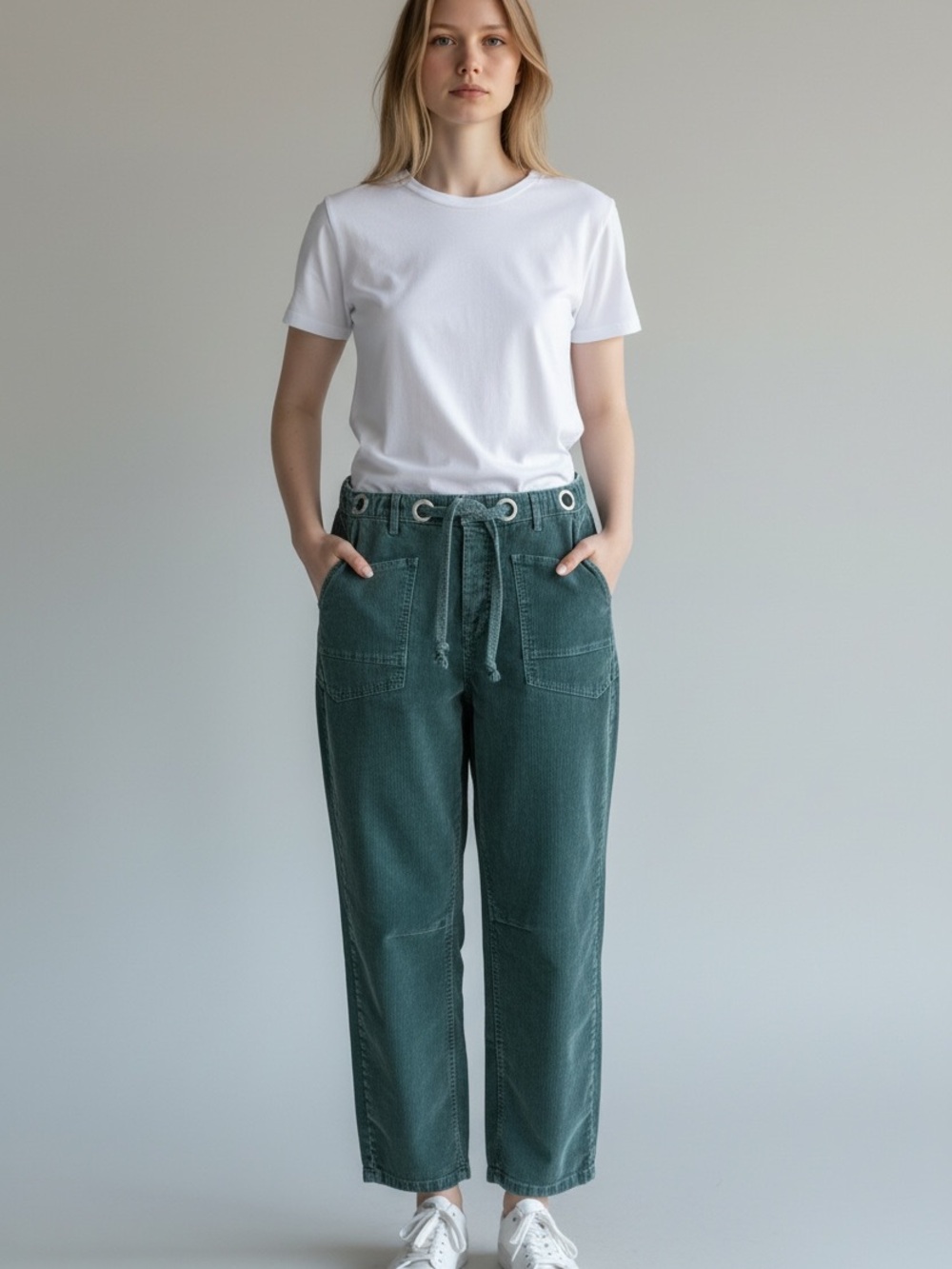 Women's Boyfriend corduroys with Drawstring Waist in Green. Size L